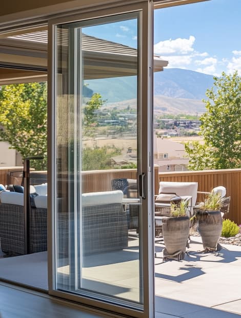 Terrazza esterna con mobili in legno e divano, vista paesaggistica di colline e cielo azzurro, luce estiva e ambiente rilassante.